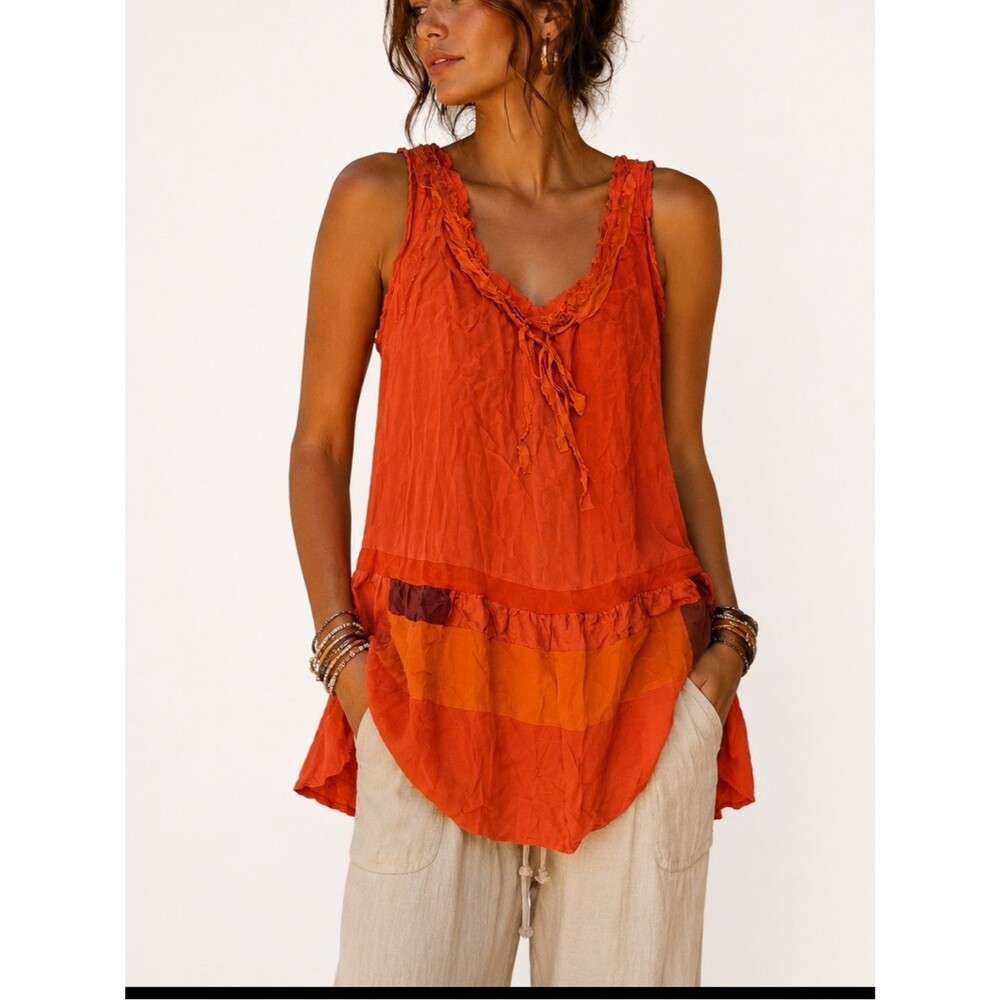 Anthropologie 100% Silk Boho Tunic Top Orange Ruffle Patchwork Sleeveless Size L